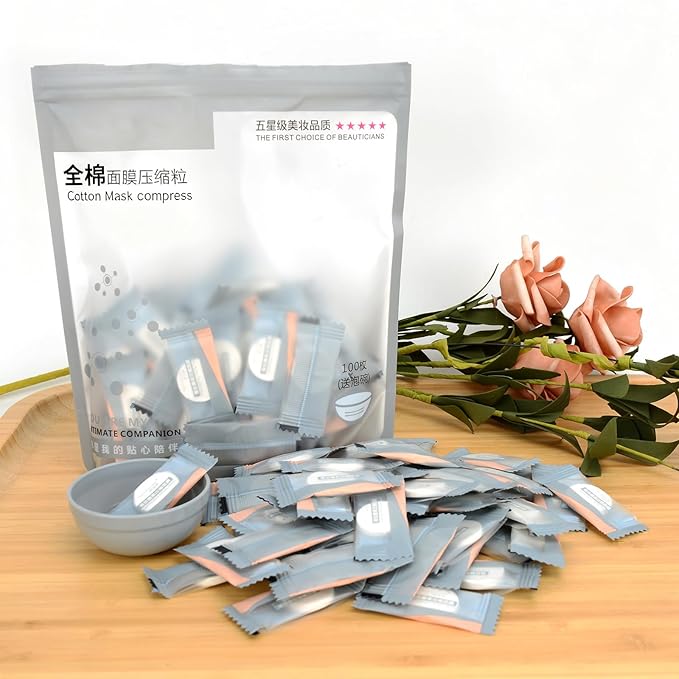 100PCS Natural Pure Cotton Dry Compressed Facial Mask Sheet, DIY Facial Skin Care Great for Home and Travel, Disposable Mask Paper, Individually Packaged Like Candy