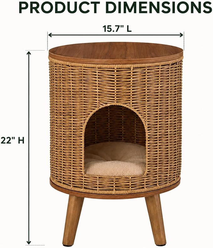 Rattan Cat House End Table, 2-in-1 Cat Bed Side Table, Stylish Pet Furniture for Indoor Cats in Living Room and Bedroom (Brown, 15.7”L x 15.7”W x 22”H)