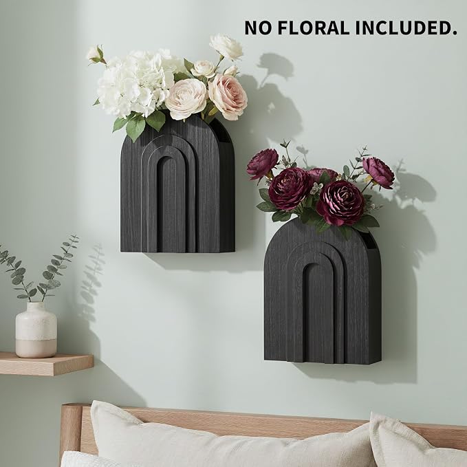 2 Pack Black Wooden Wall Vase for Pampas Grass and Dried Flowers | Wall hanging vase set for faux greenery and eucalyptus; black boho wall decor for bedroom, hallway, entryway or living room