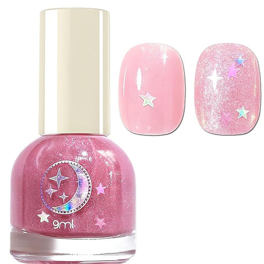 NovaCharm Soft Pink Glitter Nail Color, Water Based Quick Dry Non Toxic Polish with Bar & Star Glitter, Reflective Sparkly Pink Nail Color for Women & Girls DIY Home Nail Art, 9 ML