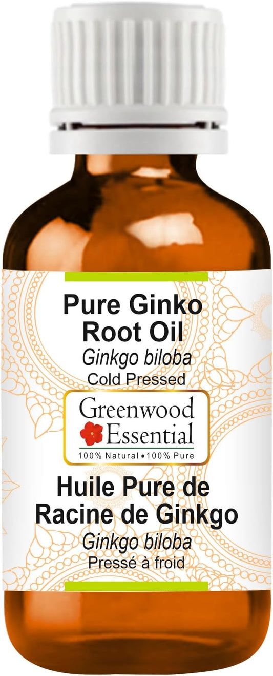 Greenwood Essential Ginko Root Oil (Ginkgo biloba) | Cold Pressed | Natural | Undiluted | For Diluting Essential Oils | For Skin & Massage | Men & Women | 100ml (3.38 oz)
