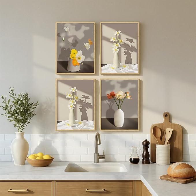 Framed Botanical Floral Wall Art, 4 Piece Yellow Flower Canvas Painting Prints Artwork for Walls, Modern Elegant Pictures for Living Room Bedroom Kitchen Hallway Dining Room Home Decor, 12x16 Inch