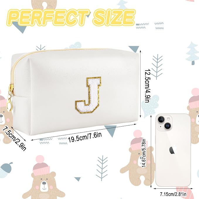 URSKYTOUS Gifts for Girls Initial Makeup Bag Personalized Cosmetic Bag with Zipper Cute Travel Toiletry Bags Waterproof PU Preppy Makeup Pouch Birthday Gift for Teen Girls Women(White J)