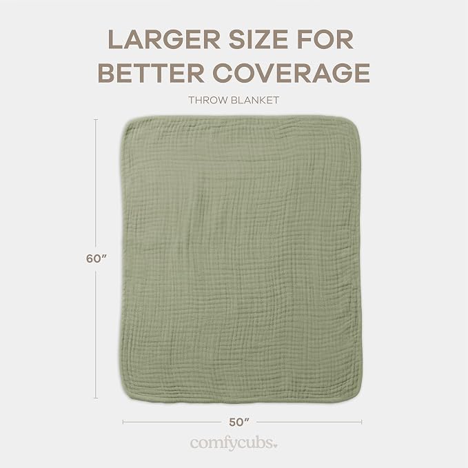 Comfy Cubs Adult Muslin Blanket 50x60” Throw Swaddle Blankets, Sage | 6 Layer Soft, Breathable & Lightweight Muslin Adult Blanket - Machine Washable & Designed in the US Bedding for All Seasons