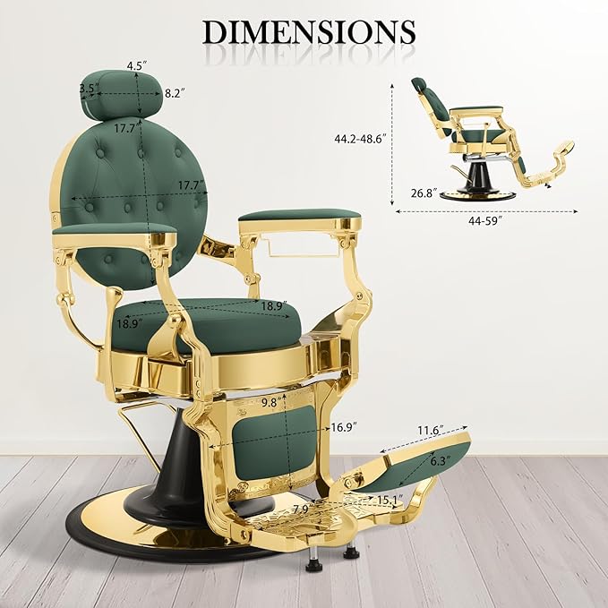 Barber Chair for Barbershop, Heavy Duty Recline Hair Salon Styling Chair with Removable Headrest, Professional Salon Beauty Spa Shampoo Equipment, Green Gold