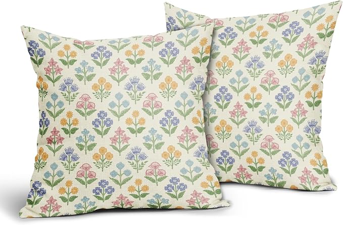 Spring Floral Easter Block Print Pillow Covers 16x16 Inch Set of 2, Pink Yellow Blue Purple Flower Holiday Decorative Throw Pillowcases Outdoor Farmhouse Cushion Covers Sofa Couch Bed Decor