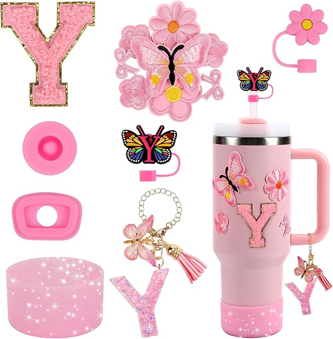 15PCS Cup Accessories Set for Stanley Cup 30oz 40oz Tumbler with Handle, Including Silicone Straw Cover and Boot, Spill Proof Stopper, Stanley Charms, Handle Charm, Initials Sticker