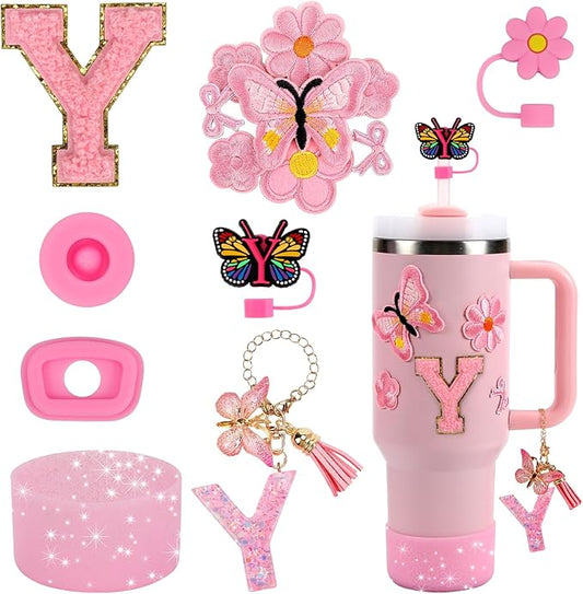 15PCS Cup Accessories Set for Stanley Cup 30oz 40oz Tumbler with Handle, Including Silicone Straw Cover and Boot, Spill Proof Stopper, Stanley Charms, Handle Charm, Initials Sticker