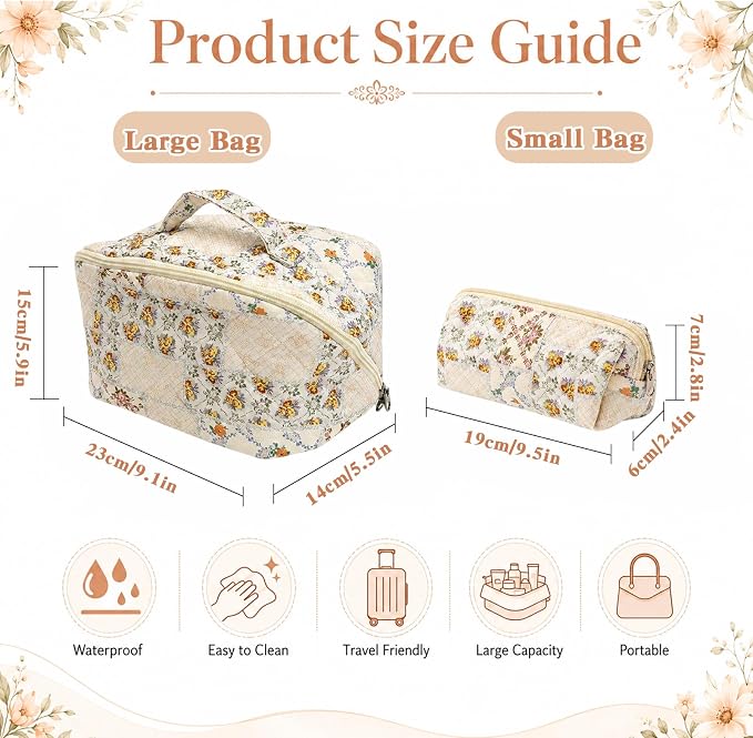 Travel Makeup Bag for Women,Large Capacity Quilted Cosmetic bag， 2PCS Make up Bag Set Open Flat Toiletry Bag for Skincare, Brushes & Travel Essentials (Colorful)