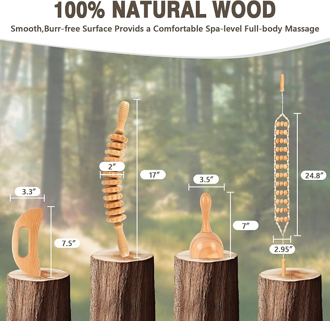 KintKita Wood Therapy Massage Tools 4-in-1, Wooden Lymphatic Drainage Massager Body Cellulite Remover, Professional Maderoterapia Kit Cellulite Massager for Body Sculpting,Contouring,Relief Muscle