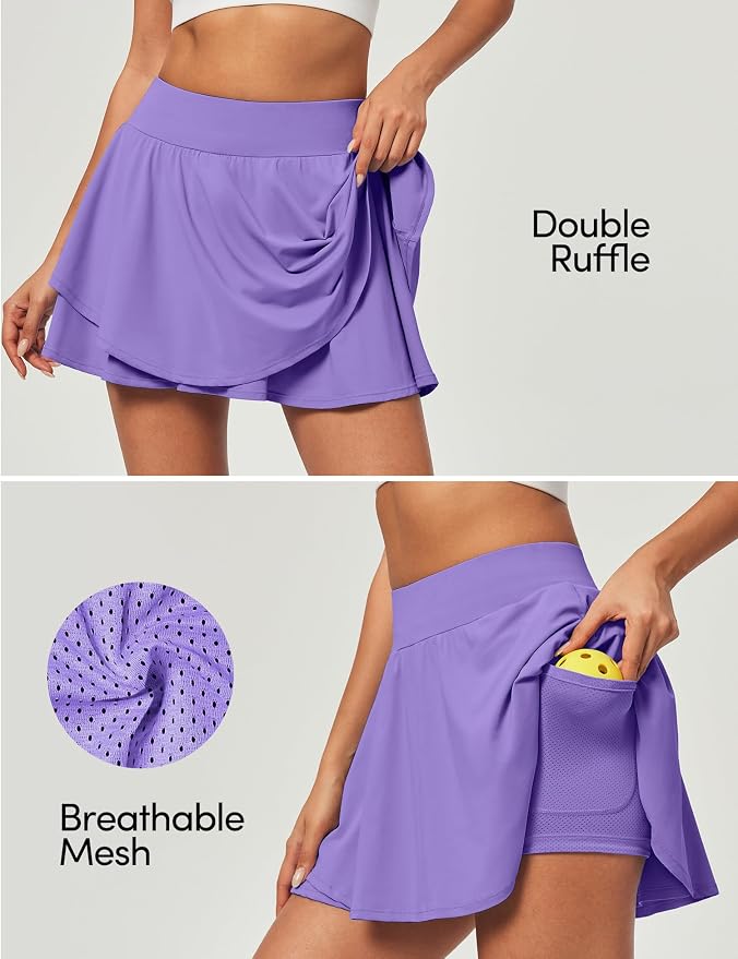 IUGA Tennis Skirt Pleated Skorts for Women with Pockets Skirts for Women | Double Ruffle Skort , Built-In Shorts, 2 Pockets, Tummy Control Breathable, Quick-dry, for Golf, Athletic, Running, Workout