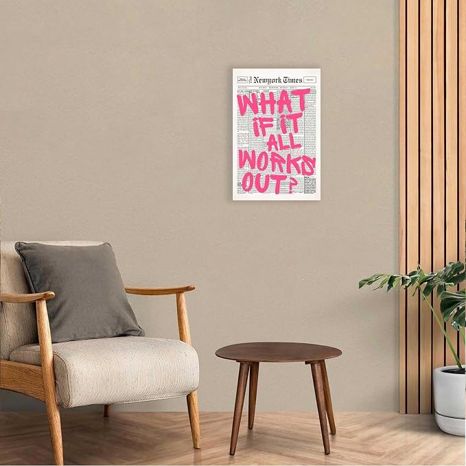 Drimiler Retro Newspaper Pink Font Poster What If It All Works Out Canvas Wall Art Positive Affirming Quote Minimalist Prints Painting For Home Bedroom Dorm Wall Decor 16x24in Wframed