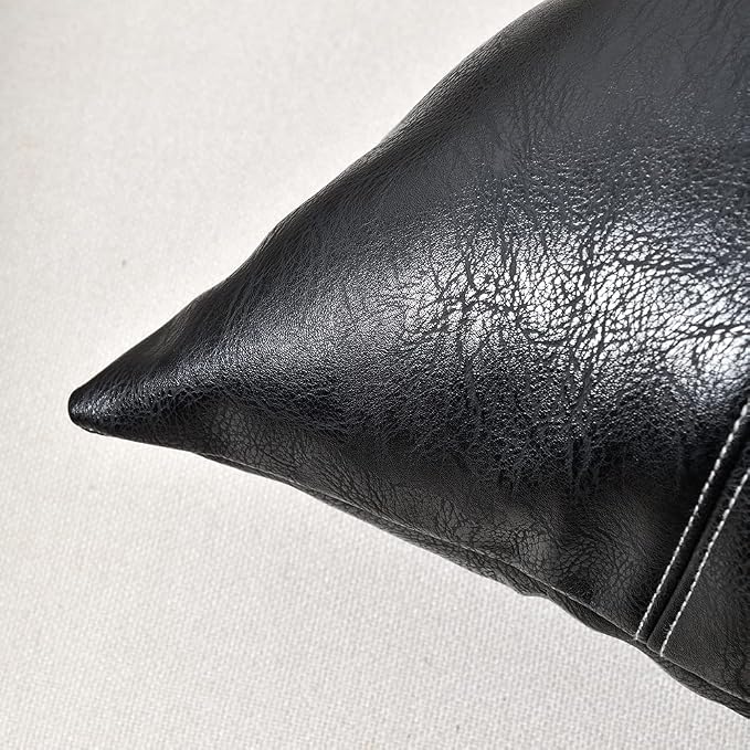 Fancy Homi Black Lumbar Faux Leather Decorative Throw Pillow Covers 12x20 Inch for Living Room Couch Bed Sofa, Boho Farmhouse Home Decor, Hand Stitched Rectangle Cushion Case 30x50 cm