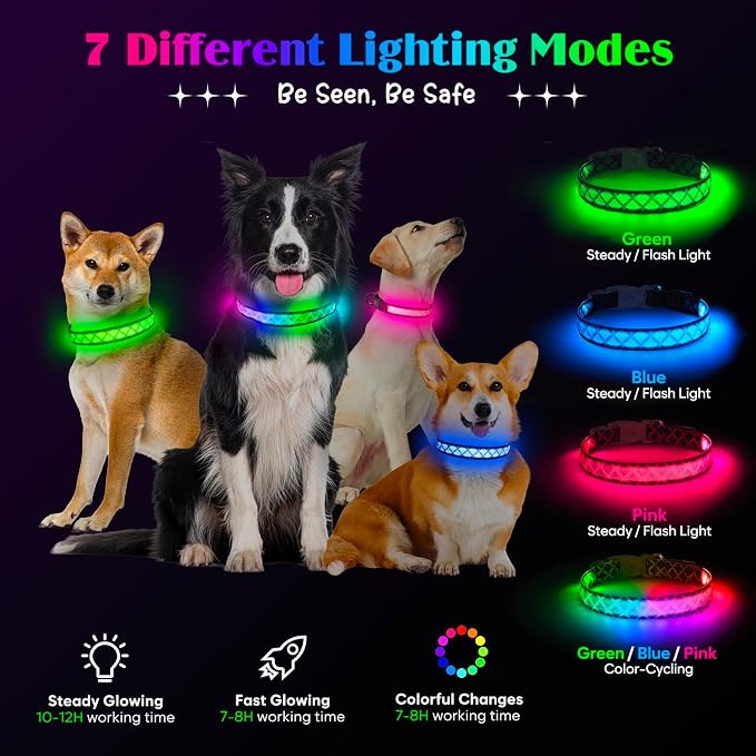 Light up Dog Collar Rechargable - Multicolor LED Dog Collar, 7 Colors Safety Dog Lights with Battery Indicator, Waterproof and Adjustable Argyle Print Glow Collar for Dogs(Festive Plaid, M)