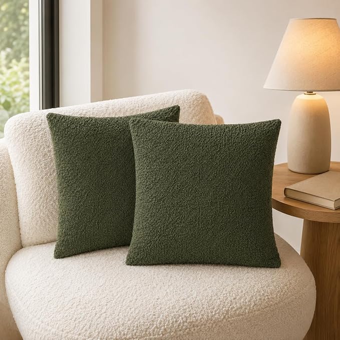 JoraLion 24x24 inch Boucle Throw Pillow Covers, Army Green Woven Texture Neutral Pillow Cover Breathable Cushion Case for Couch Sofa Bed Living Room Home Decor, Pack of 2, No Insert