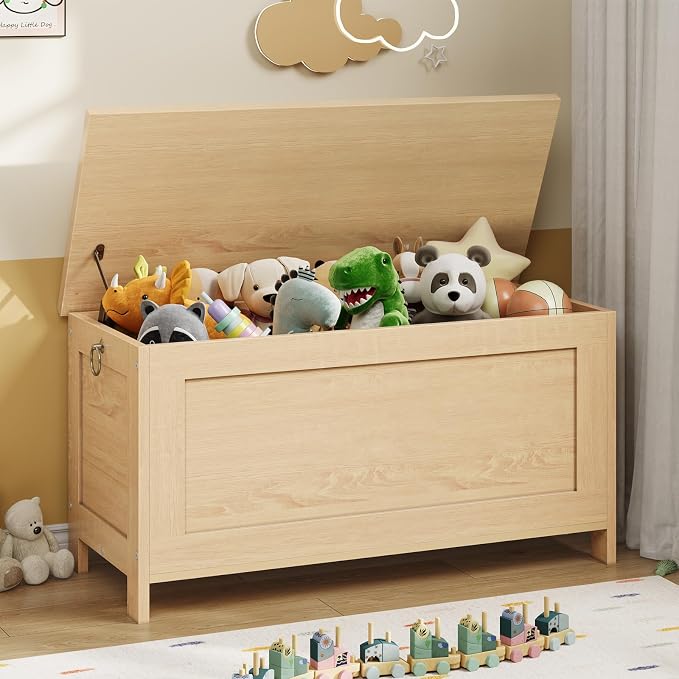 HOOBRO Toy Box, Retro Wooden Look Storage Chest with Safety Hinge, Entryway Storage Bench Supports 220 lb, 29.9 x 15.7 x 18.9 Inches Toy Chest Organizer, Easy Assembly (Natural) NL75CW01G2