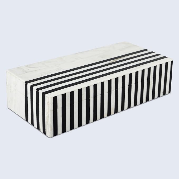 Handicrafts Home Large Decorative Storage Box with Lid – Black White Modern Storage Box, Remote Control Organizer for Coffee Table, Console & Living Room Decor – Mono Lead 12 x 6 x 2