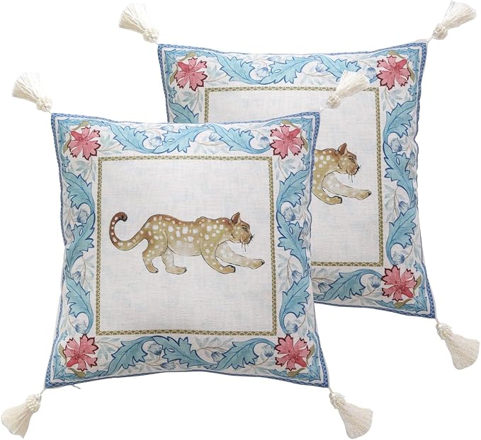 patdrea Designer Vintage Linen Throw Pillow Cover,18"x18",Set of 2-Fromm B | Elegant Decorative Pillow Case,Leopard Print with Tassel,Pillow Cover for Couch Living Room Bedroom Sofa