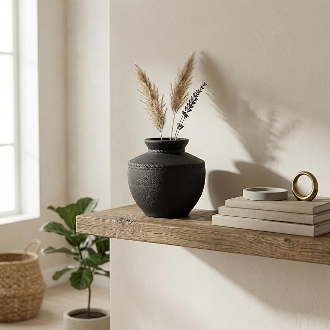 Black Ceramic Vase - 6 Inch Small Rustic Farmhouse Flower Vases for Home Decor Decorative Minimalist Vase for Centerpiece Coffee Table Bedroom Living Room Decor