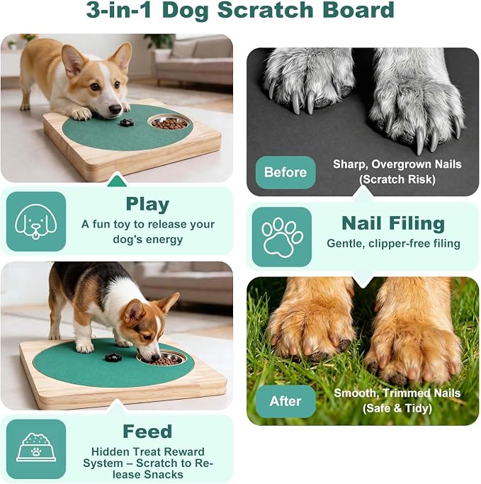 Dog Nail Scratch Board with Treat Board, Stress-Free Nail Care for Dog | Wood Scratching Pad with Sandpaper and 6 Steel Bowls, Nail File Toy for Dog