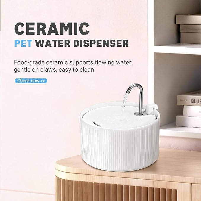 Upgrade 2.2L/78oz Ceramic Cat Fountain, Automatic Ceramic Water Fountain for Cats, Pet Water Fountain with Ultra-Quiet Pump (White)
