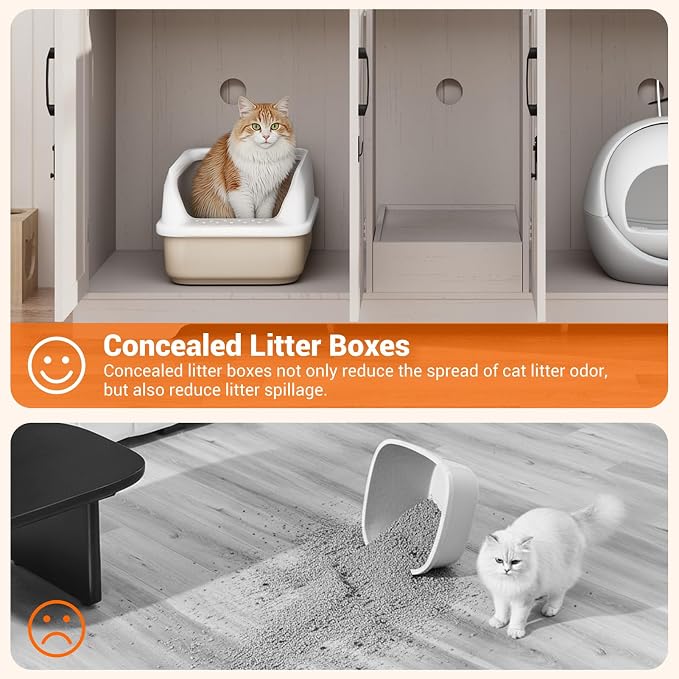 59.1" Cat Litter Box Enclosure for 2 Cats, Hidden Litter Box Furniture with Power Outlet & Removable Hallway, Lockable Door & Anti-Tip Design, Farmhouse Litter Box Cabinet with Magnetic Door, White