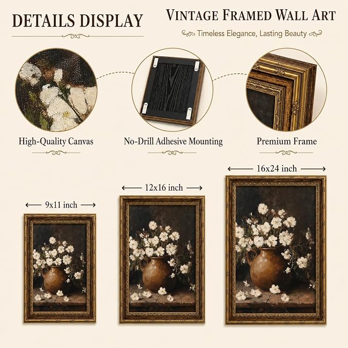 Vintage White Flower Canvas Wall Art,Gold Framed Floral Wall Decor11x9in | Antique White Flower Picture Artwork For Cottagecore Living Room, Bedroom and Entryway and Gallery Wall