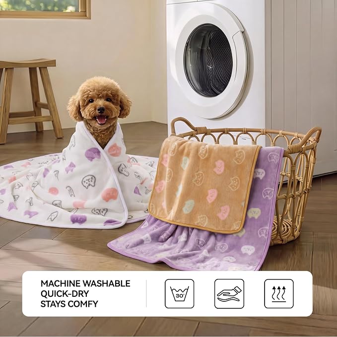LINENLUX Dog Blankets 3-Pack, Super Soft Fluffy Fleece Pet Throw Warm | Premium flannel fleece pet throw for cat, puppy. Cozy warm for bed, crate, or couch naps; Purple/Coffee/White-3pcs 31x20 inch