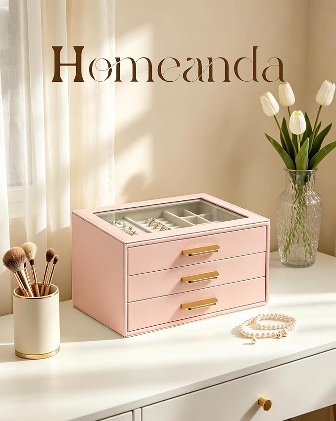 Homeanda Jewelry Boxes Organizer with Glass Lid, 3-Layer PU Leather, Pink | Modern style display case with 3 drawers for daily jewelry, women, mom or girl gift