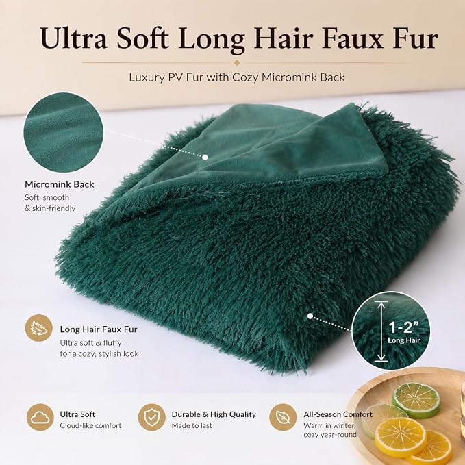 REAFORT Long Hair Faux Fur Euro Sham Cover 26"x26" Hidden Zipper,Evergreen | Ultra-soft plush faux fur with a hidden zipper adds luxurious comfort and is machine washable for easy care.