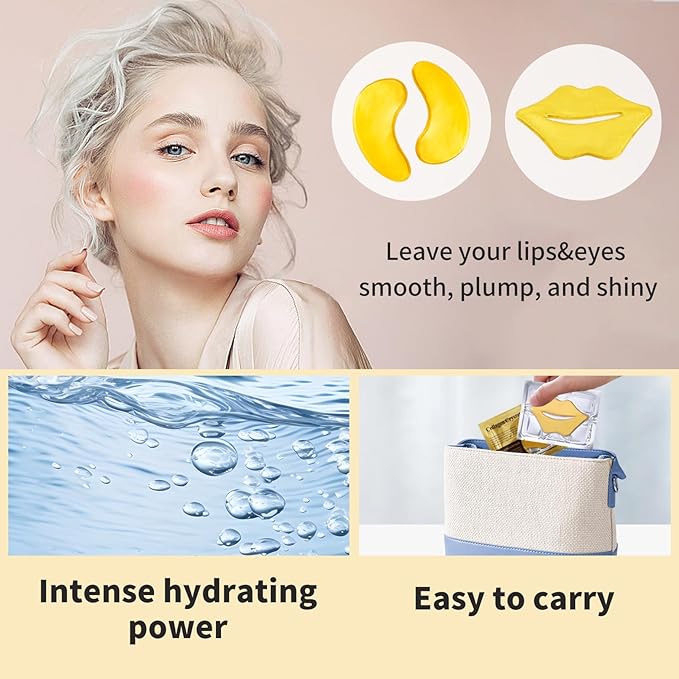 60 Pcs Moisturizing Lip & Eye Masks,Gold Lip Masks,Gold Under Eye Patches for Puffy Eyes and Dark Circles,Collagen Lips Mask Sheet, Skincare for Dry Lips,Reducing Fine Lines
