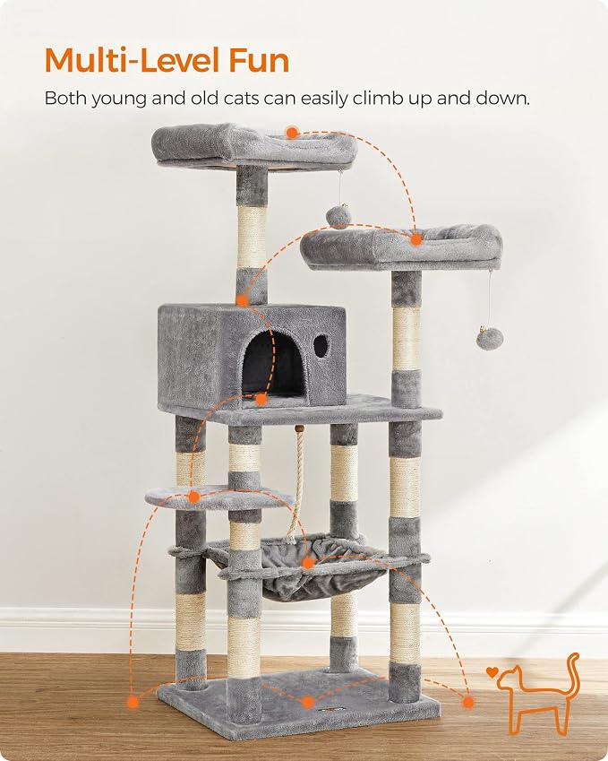 Feandrea Cat Tree, 55.8-Inch Cat Tower, Multi-Level Plush Condo with 11 Scratching Posts, 2 Perches, Hammock, Cave, Light Gray UPCT15W