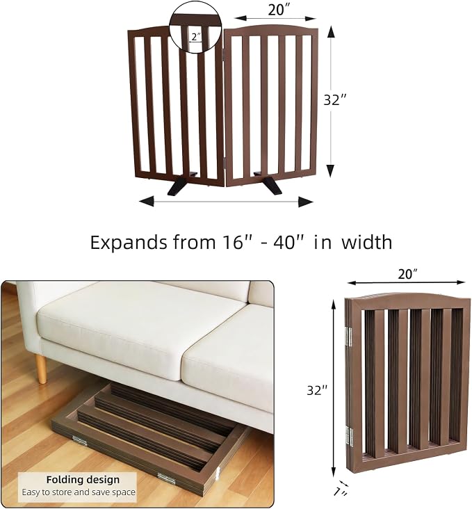 ZJSF Foldable Freestanding Indoor Dog Gate for House Wood Long Pet Gates Dog Fence for Stairs Puppy Gates for Hallways, Puppy Gate,Support Feet Included, Brown, 32 "Height-2 Panels