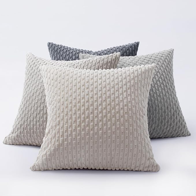 Softalker Corduroy Decorative Throw Pillow Covers 20x20, 4 Pack, Grey/Beige | Soft Boho Striped Pillow Cases, Couch Fluffy Cushion Covers for Farmhouse Home Decor Bed Living Room