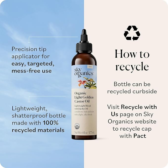 Sky Organics - Organic Light Golden Castor Oil (6 fl oz/177 mL) Conditions Hair, Skin, Brows, Scalp - Castor Oil Organic - Jojoba, Safflower Seed, Sweet Almond - Vegan, Cruelty Free, Beauty, Hair Care