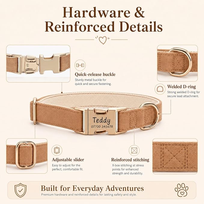 Engraved Buckle Dog Collar, Personalized PU Leather Collar with Name and Phone Number, Soft Breathable Lined Adjustable Pet ID Collar for Puppies Small Medium Large Dogs, Custom Dog Collar