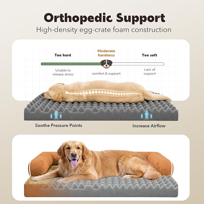 Orthopedic XL Dog Bed with Bolster for Extra Large Size Dogs | Pillow Support for Neck Relief, Egg Crate Foam, Skin-Friendly Surface, Waterproof Liner, Anti-Slip Bottom, 42 x 30 Inch