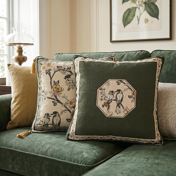 Vintage Linen Square Throw Pillow Cover,Set of 2,18"x18"-Murad E | Designer French Green Pillow Cover,Concealed Zipper Design,Floral and Bird Pattern,Sofa,Bedroom,Living Room,Lounge Chairs