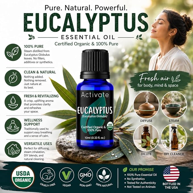 Eucalyptus Essential Oil Organic, USDA Organic, 100% Pure Eucalyptus Globulus, Steam Distilled Essential Oil for Aromatherapy, Diffuser, Massage, Humidifier & DIY Projects, 10ml