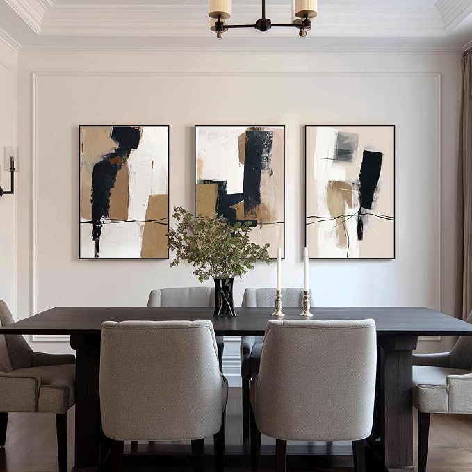 SAFERRYHOME Neutral Abstract Black and Tan Brown Wall Art Set of 3, 24"x36" | Black and Tan Brown Framed Canvas Print Set,Mid-Century Modern Brown Minimalist Shapes for Living Room Bedroom Office Hallway