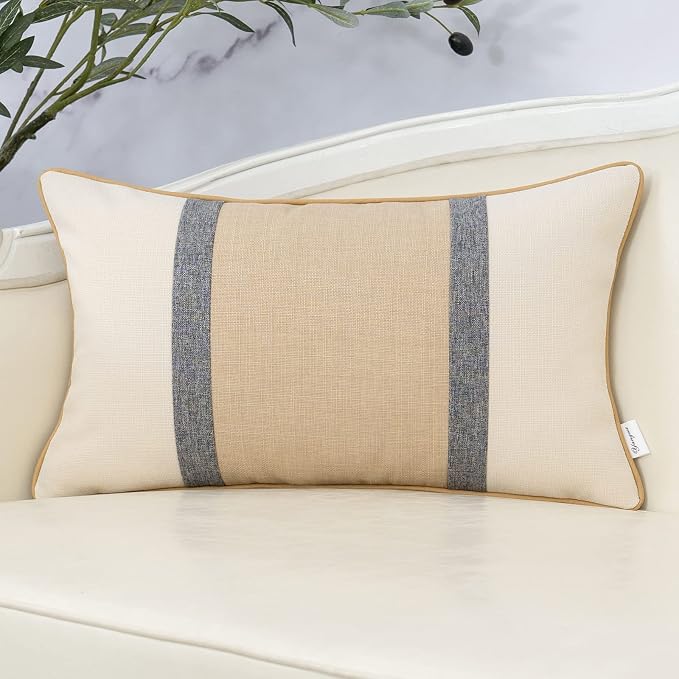 Patchwork Pillow Cover 12x20 Inch Luxury Cotton and Linen Cushion Cover Rectangle Pillowcover for Couch Bedroom Living Room,Khaki