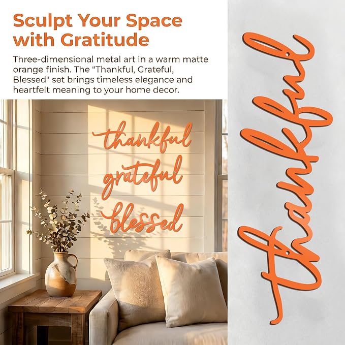 Thankful Grateful Blessed Letter Sign Metal Wall Decor, 3 Piece Black Letters Wall Art for Bathroom Bedroom Metal Words Wall Decor for Home Decor (Orange)