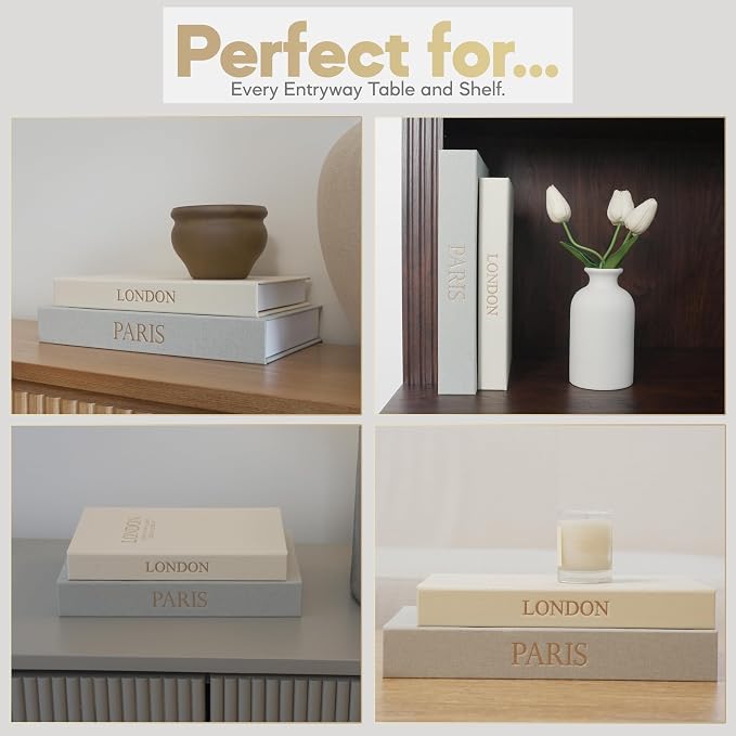 Decorative Books with Storage – Set of 2 Faux Linen Book Boxes with Gold Stamped Covers – Enhance Your Coffee Table, Bookshelf or Mantle Decor – Hidden Storage for Photos, Keepsakes, and Jewelry