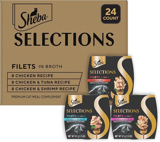 Sheba Selections Filets Wet Cat Food Complement, Variety, 1.3 oz, 24 ct | Grain-free, Real chicken #1 ingredient, no corn or soy, no artificial flavors, peel & serve topper or treat, 1.3 oz. Cups