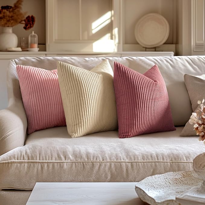 MIULEE Decorative Corduroy Throw Pillow Covers Set of 2 16x16 Beige | Soft Striped Textured Cushion Cases, Boho Square Pillowcases Neutral Home Decor, for Couch Chair Sofa Bed Living Room