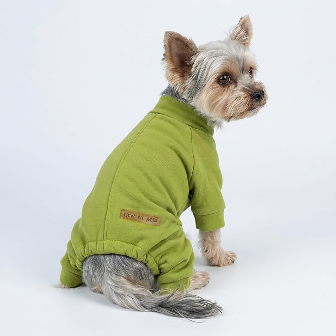 Fitwarm 2 Pack Lightweight Fleece Dog Pajamas, Warm Winter Clothes for Small Dogs Boy Girl, Cozy Pet Onesie with Feet, Yellow Green, Dark Green, Medium
