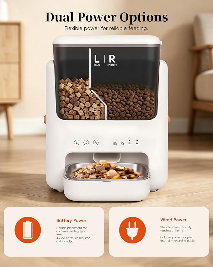 Automatic Cat Feeder, Dual Hopper for Meals & Treats, App Control | Two dry food choices, app feeding plans, 5L capacity, removable bowl, and backup power option for indoor feeding.
