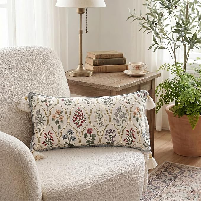 Designer Vintage Linen Throw Pillow Cover,28"x12"-Serenity B | French Elegant Rectangle Decor Pillow Cover,Concealed Zipper Design,Colorful Floral Pattern,Sofa,Bedroom,Living Room,Chair