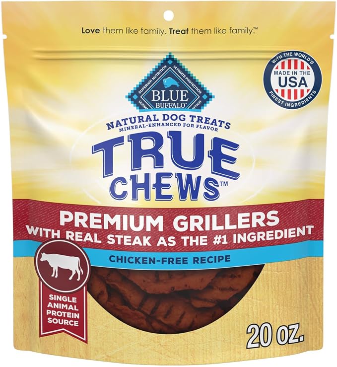 Blue Buffalo True Chews Premium Grillers Steak Dog Treats, 20 oz | Real Beef First, Charred Grilled Texture, No Chicken By-Product, Corn, Wheat, or Soy