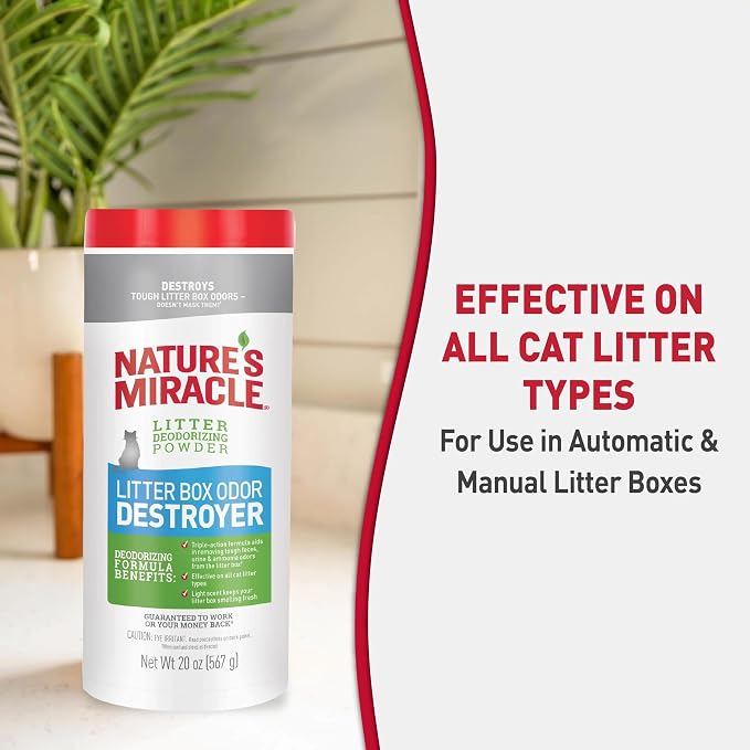 Nature's Miracle Cat Litter Box Odor Deodorizer Powder, 20 oz | Helps Remove Tough Urine, Feces & Ammonia Odors, Use In Litter Box Before Adding Litter, For Manual & Automatic Litter Boxes
